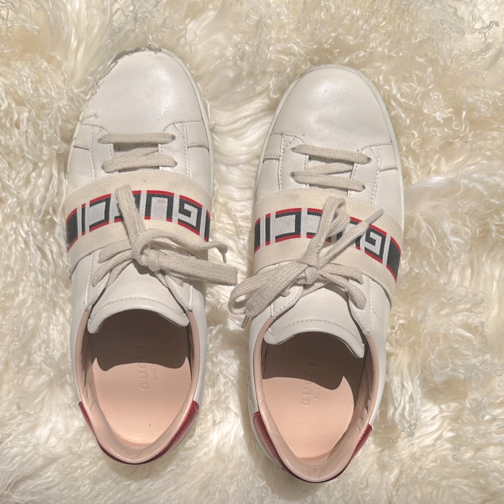 Gucci Ace Jacquard Logo Stripe Strap Low Top Sneakers